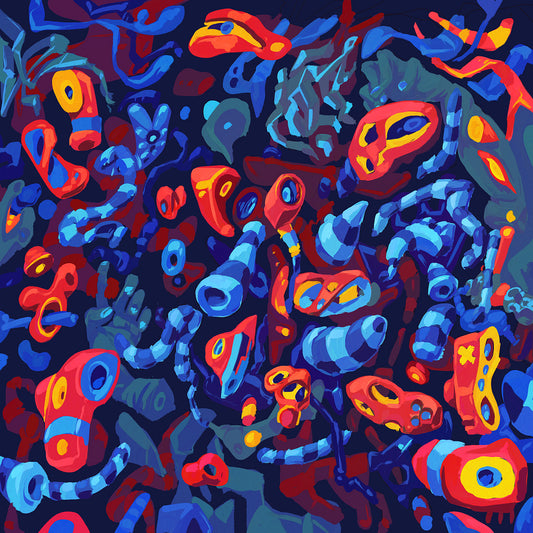 Dense tangle of red and blue striped tube creatures with blinking eyes, packed edge to edge on a dark background.