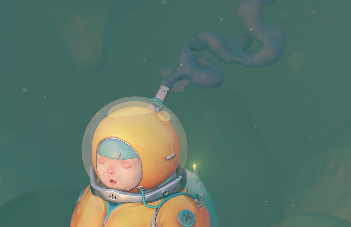 A stylized illustration of a sleeping child in a yellow astronaut spacesuit with a clear helmet, floating in a dreamy teal-green underwater-like scene with a small glowing light.