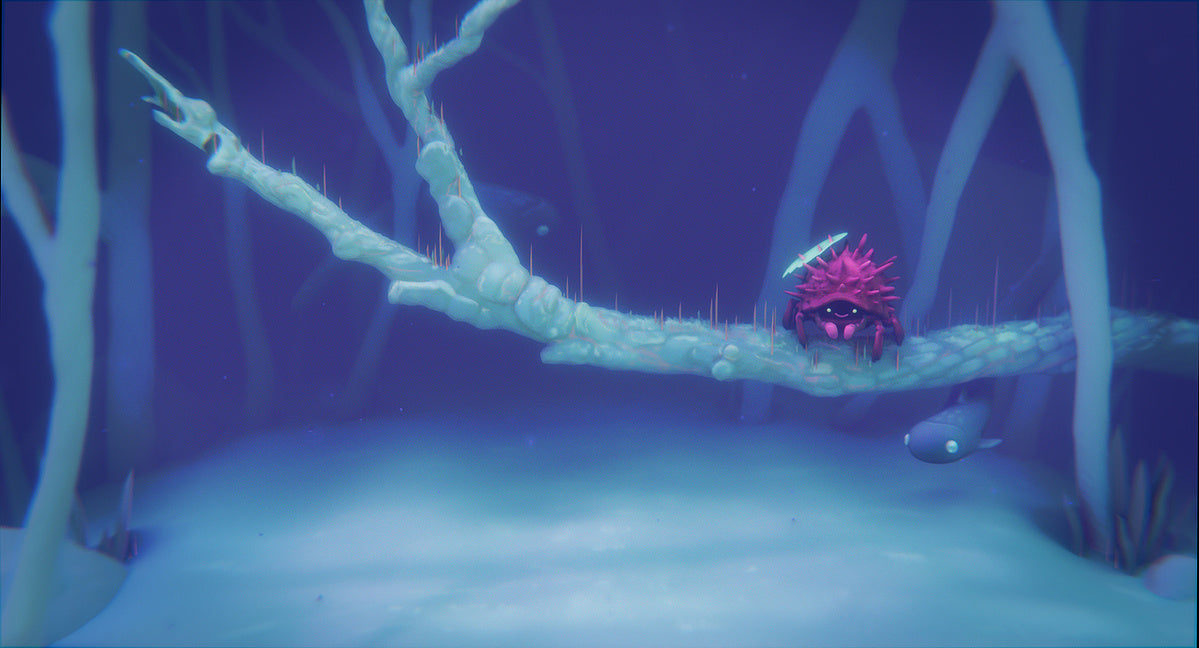 Small spiky pink crab perched on a pale branch underwater, with a fish swimming below in blue-violet water.