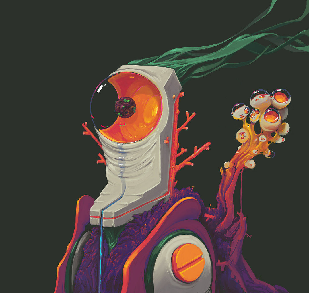 A surreal digital illustration of a humanoid figure with a large exposed orange eye, wrapped white head covering, purple and orange clothing, green smoke, and a cluster of smaller eyeballs on a dark olive background.
