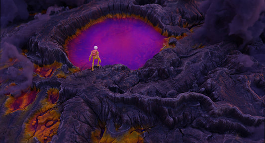 A stylized scene showing a small humanoid figure standing in the center of a large crater with a glowing purple and pink pool, surrounded by dark rocky terrain with orange highlights.