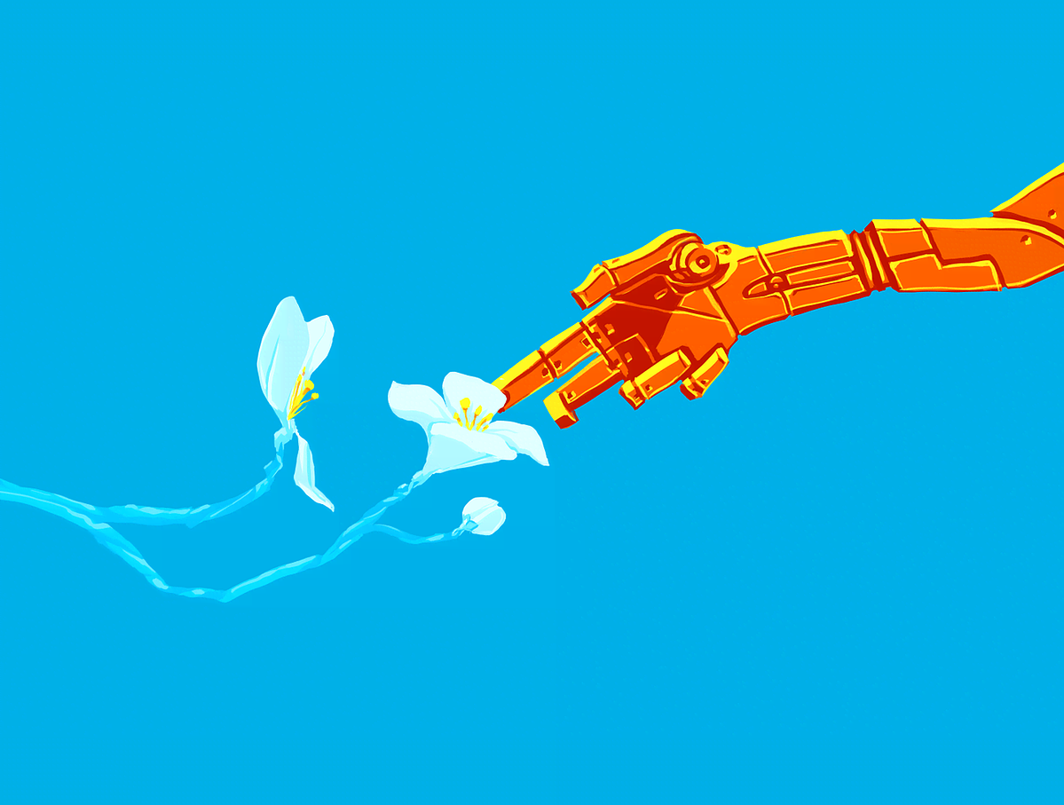 A stylized digital illustration of an orange robotic arm reaching toward white flowers that are releasing light blue water droplets against a bright blue background.