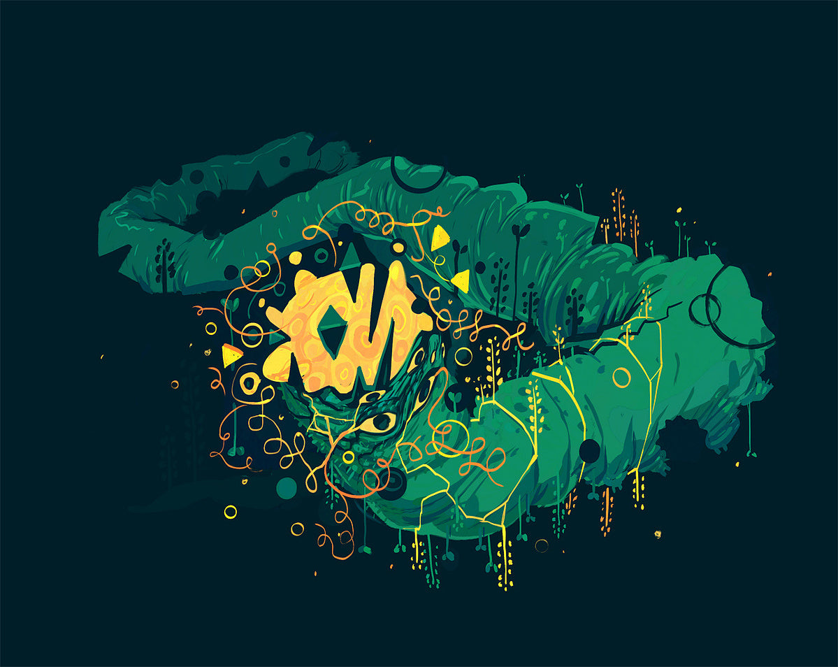 Long green caterpillar-like creature with a gaping golden mouth, covered in sprouts, swirls and tiny eyes, on dark teal.