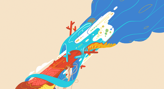 A stylized digital illustration of a flowing blue wave-like form with abstract organic shapes, coral-like red elements, and a small human figure, set against a plain beige background.