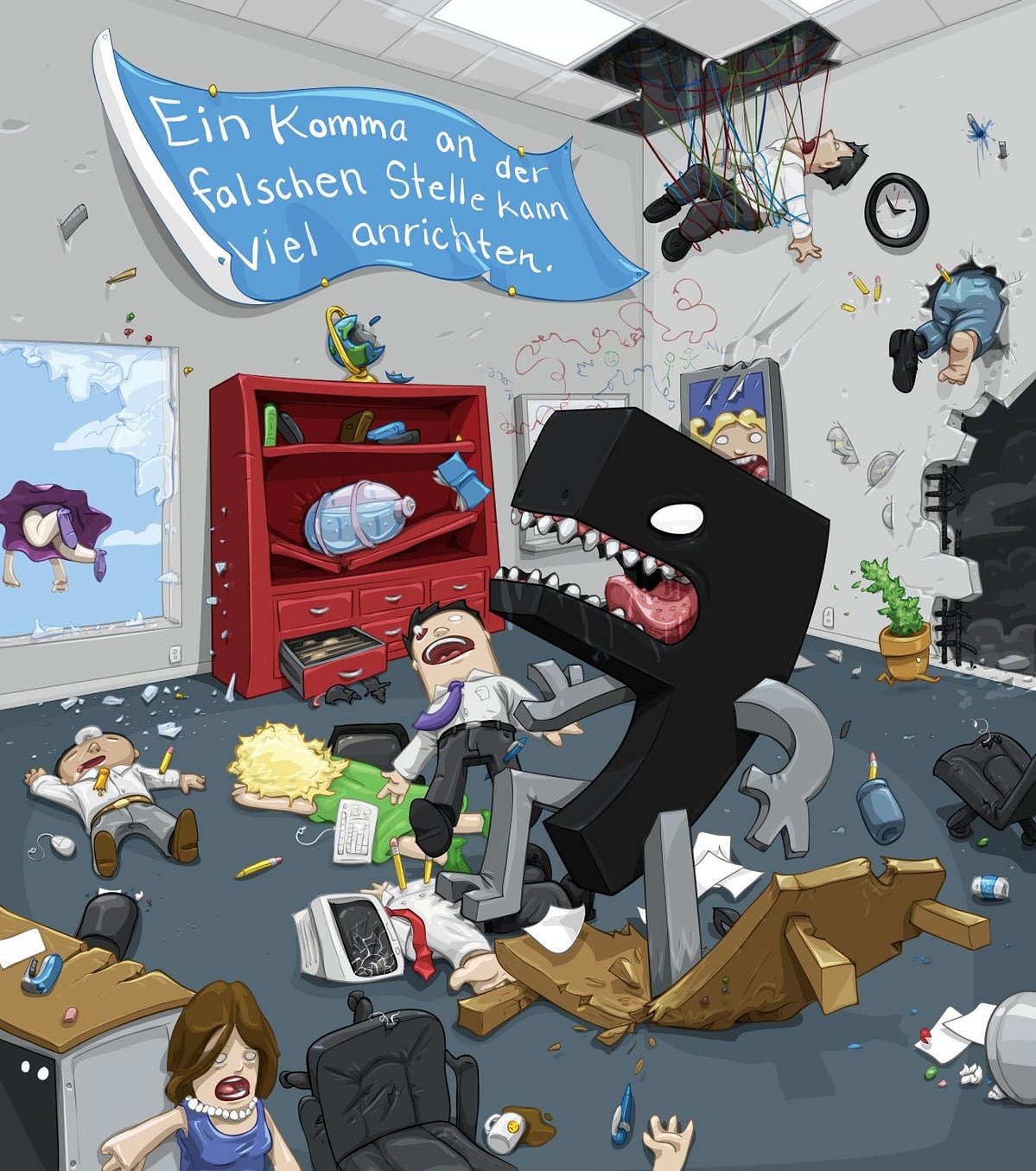 Cartoon office wrecked by a giant black comma monster with sharp teeth, workers flung everywhere under a German banner about misplaced commas.