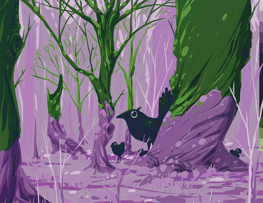 Round black bird with a few small chicks in a lavender forest with moss-covered trunks.