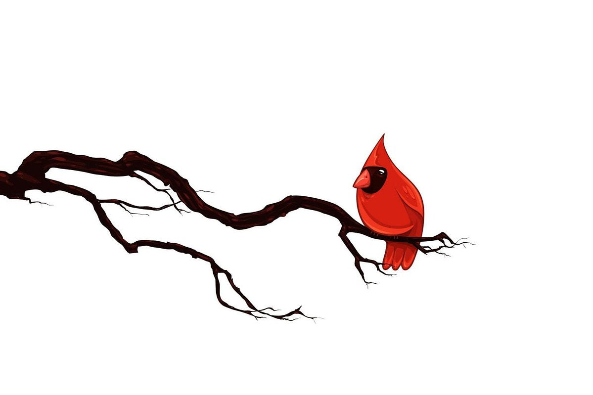 A stylized illustration of a bright red cardinal perched on a dark brown branch against a plain white background.