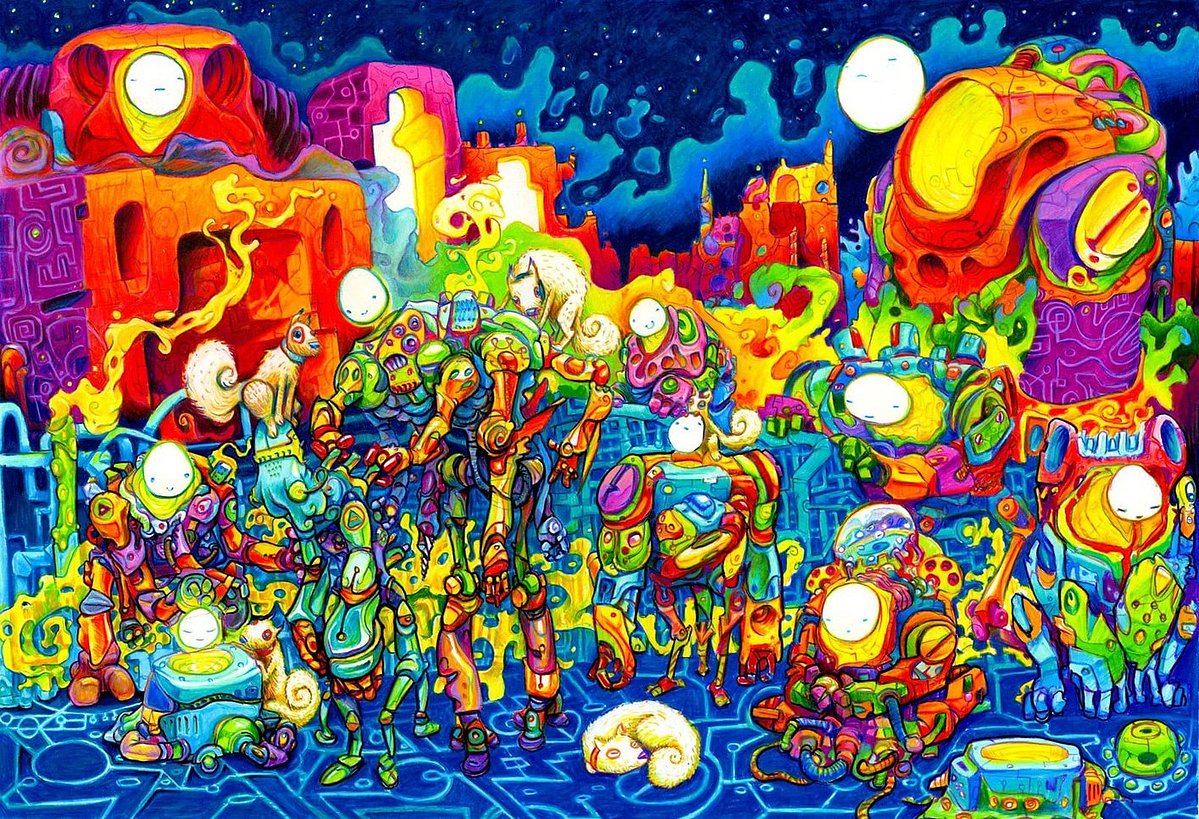Colored pencil drawing of a crowd of colorful robots with glowing white faces filling a neon city street at night.
