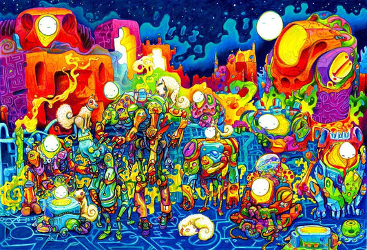 Colored pencil drawing of a crowd of colorful robots with glowing white faces filling a neon city street at night.