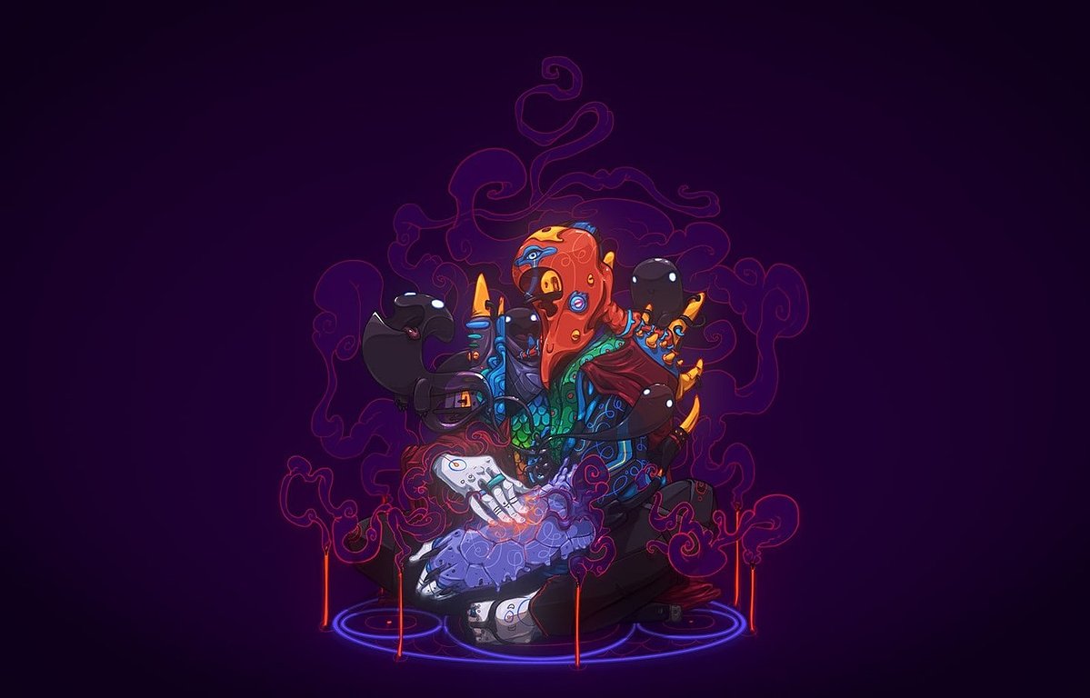 A stylized, colorful illustration of a seated figure with a red-orange face and mask, surrounded by neon purple smoke and glowing circular lines on a dark purple background.