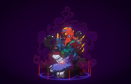 A stylized, colorful illustration of a seated figure with a red-orange face and mask, surrounded by neon purple smoke and glowing circular lines on a dark purple background.
