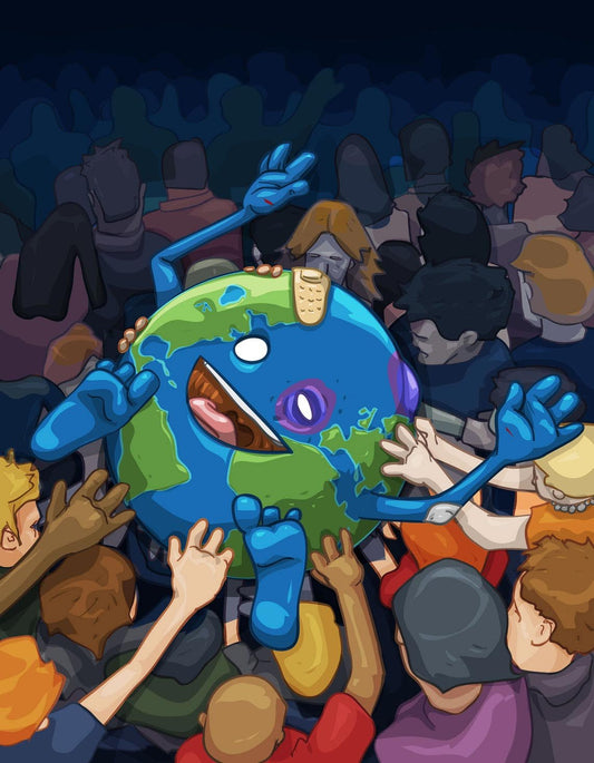 A colorful cartoon illustration of a blue and green globe character with expressive eyes and limbs, surrounded by a crowd of people reaching toward it in a dark, crowded scene.