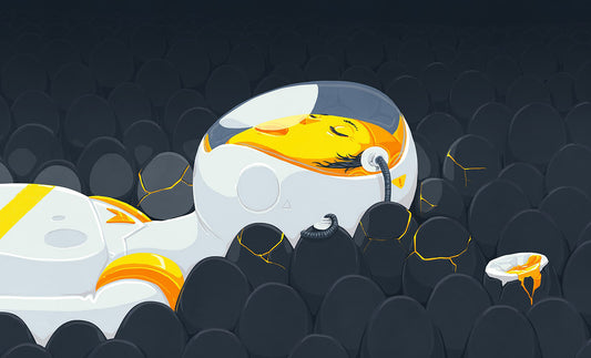 Sleeping figure in a white egg-like suit with a yolk-yellow face, lying among dark eggs that are cracking open with gold.