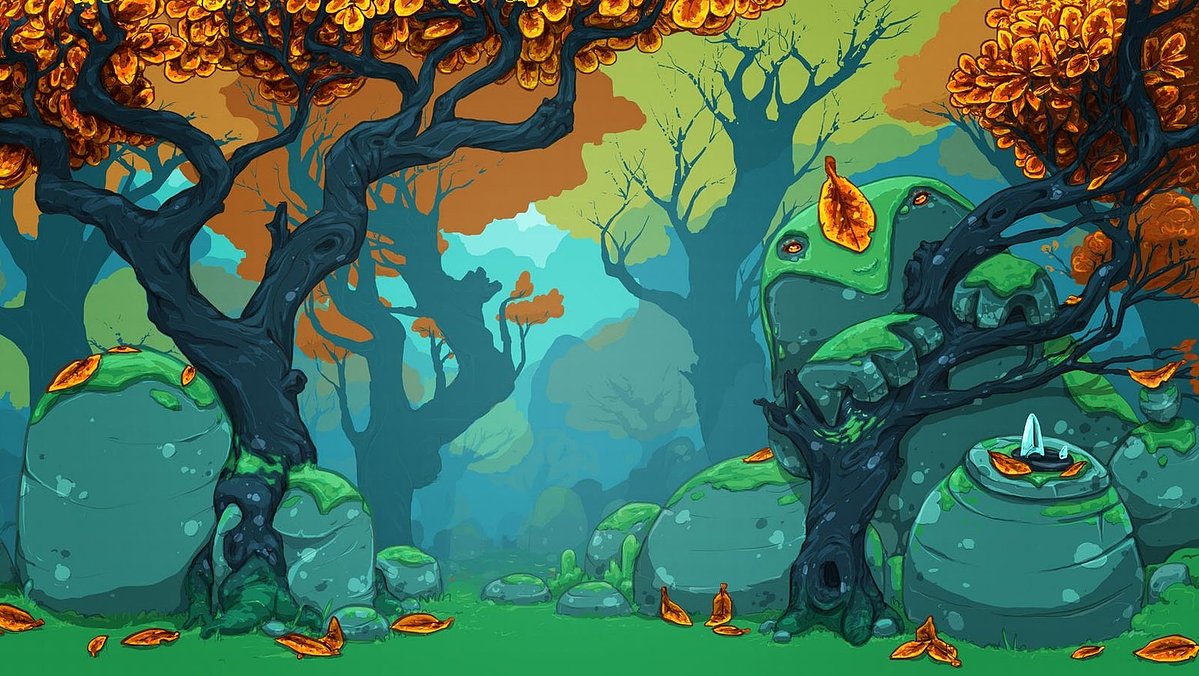 Teal forest of dark, twisted trees holding their last orange leaves above round, mossy boulders.
