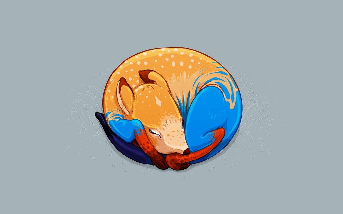 Spotted fawn curled up asleep, wrapped in a curving blue shape, on a pale gray background.