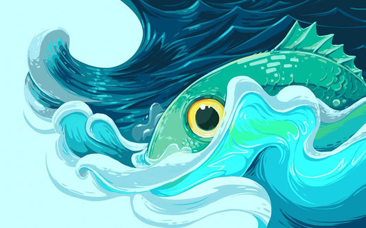 Stylized illustration of a green fish with a large yellow eye emerging from swirling blue and white ocean waves on a pale blue background.