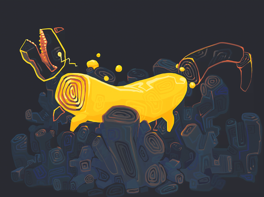Glowing golden creature made of tree-ring slices walking over a heap of dark logs, its old skeleton outlined behind it.