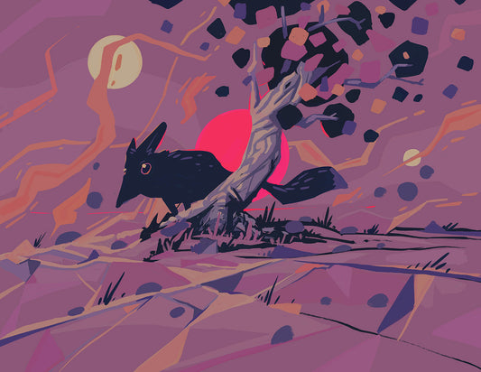 Dark fox walking past a pale tree on a mauve hillside under a red sun and pale moon, with leaves breaking apart into fragments.