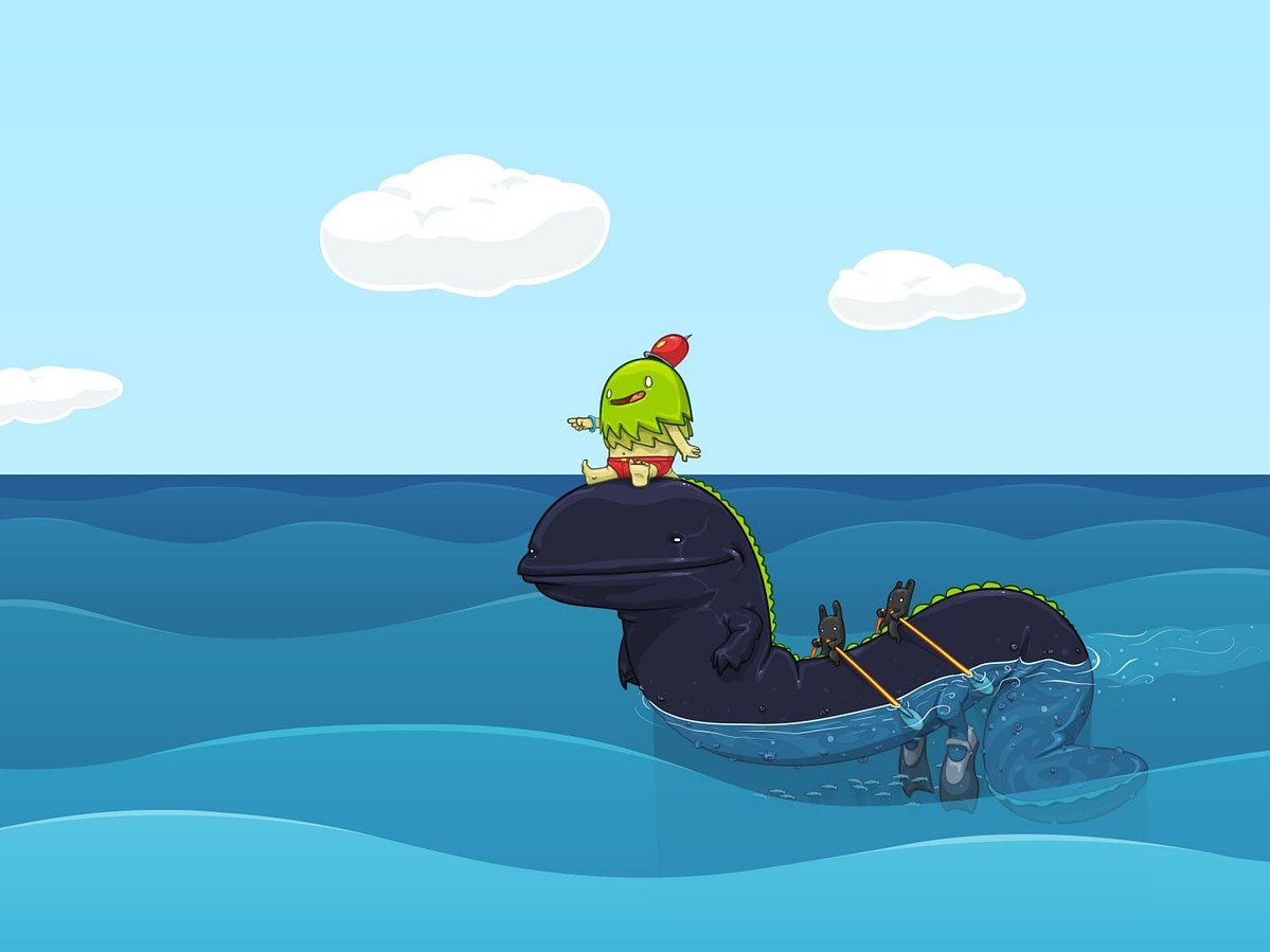 A cartoon-style illustration of a small green character with a red hat riding on the back of a dark blue whale in blue ocean water under a light blue sky with white clouds.