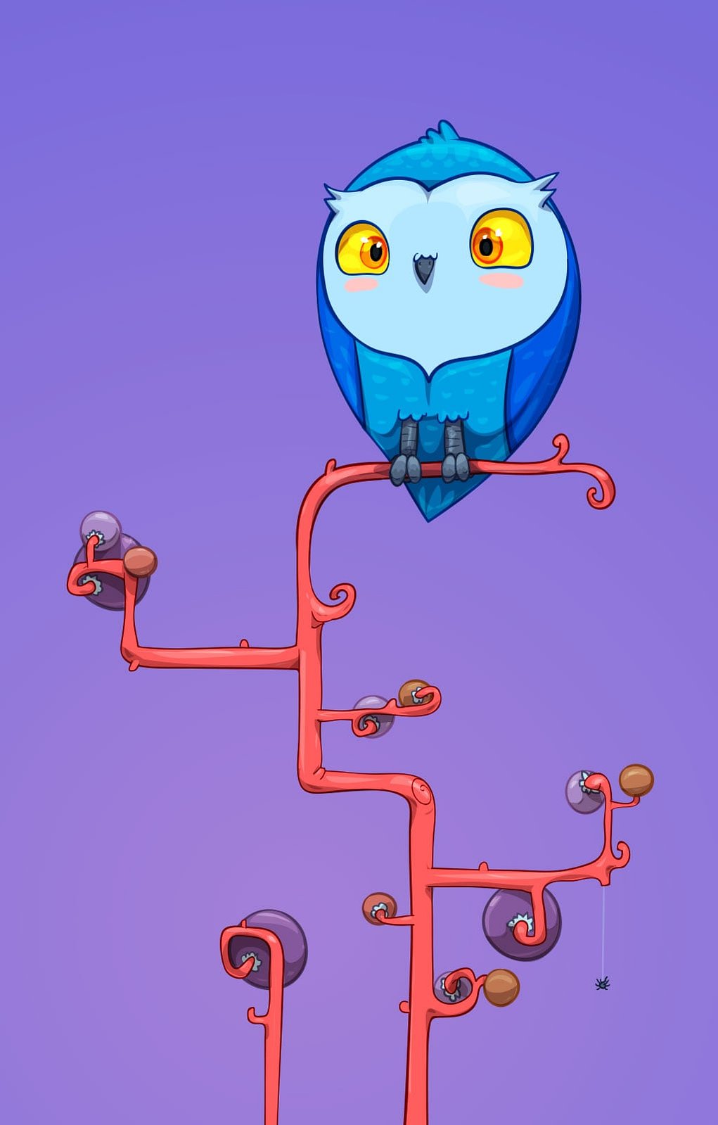 A stylized cartoon owl perched on a tall coral-red branch structure against a solid purple background.