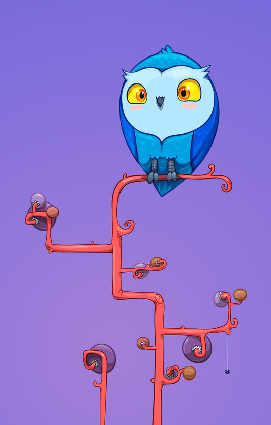 A stylized cartoon owl perched on a tall coral-red branch structure against a solid purple background.