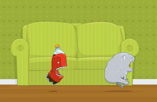 Cartoon red soda bottle creature and a lumpy gray creature yelling at each other in front of a lime-green couch.