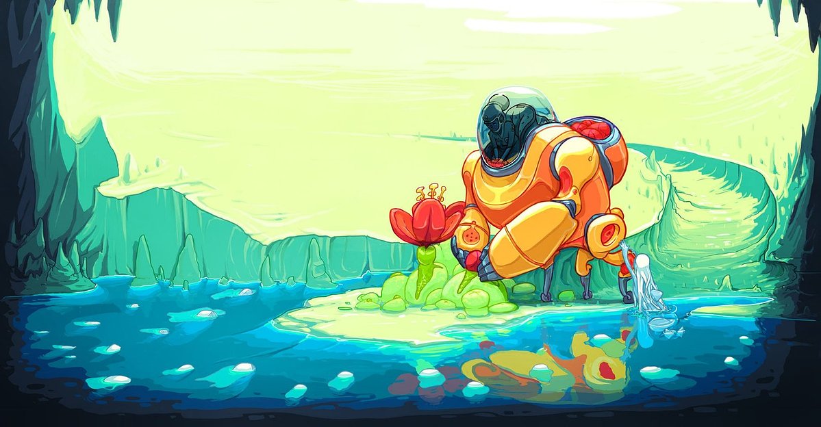 Explorer in an orange suit kneeling at a glowing blue pool in a green cave, reaching for a single red flower.