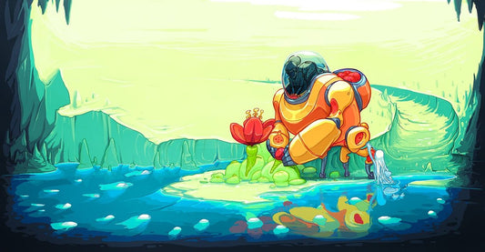 Explorer in an orange suit kneeling at a glowing blue pool in a green cave, reaching for a single red flower.