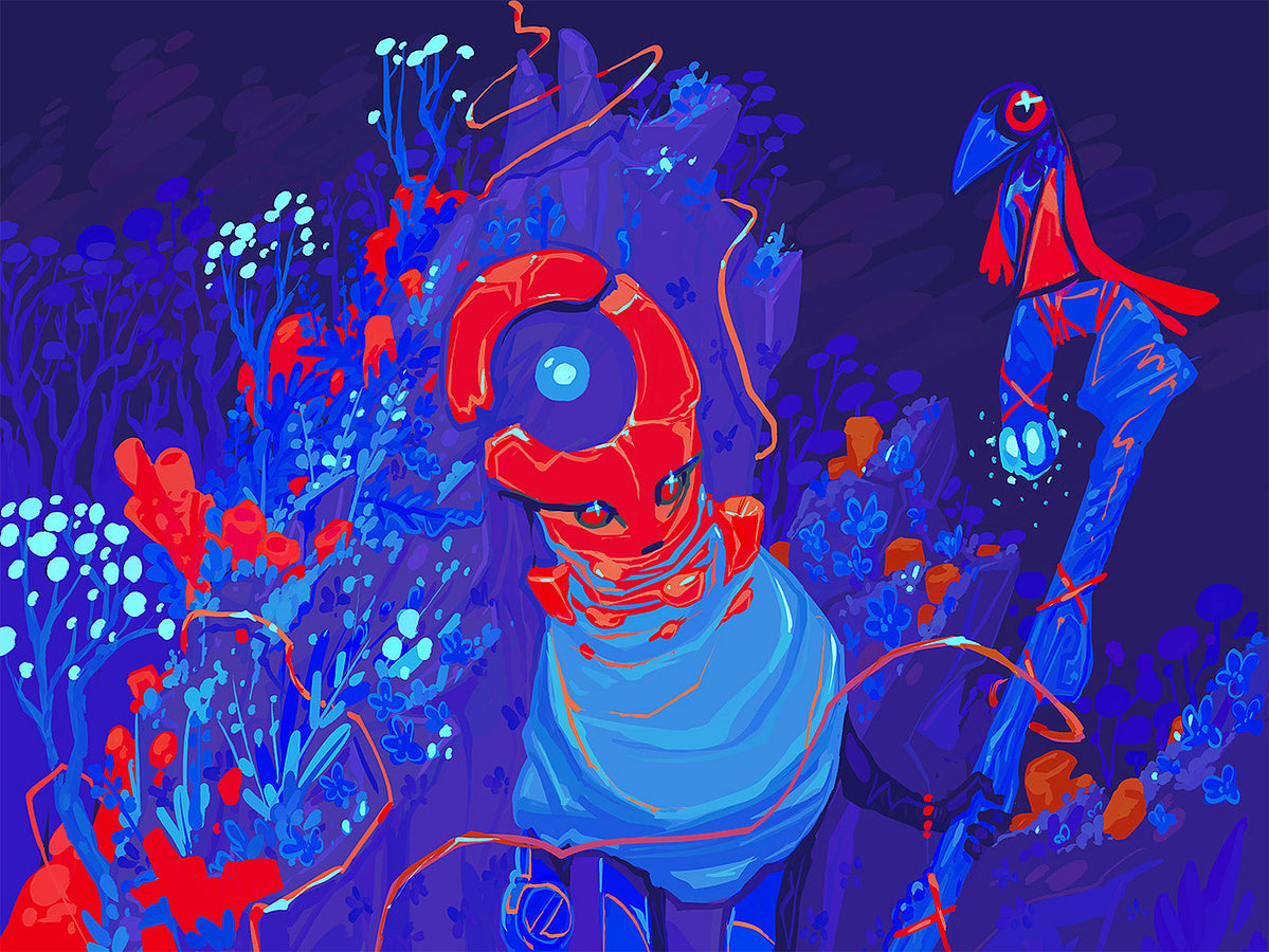 Robed figure with a red, mask-like head with a round hole through it, among electric blue plants, a red bird perched nearby.