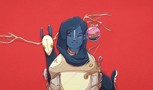 Blue-skinned hooded woman in pale armor with a bird skull at her shoulder and a glass orb holding a flower, on a red background.