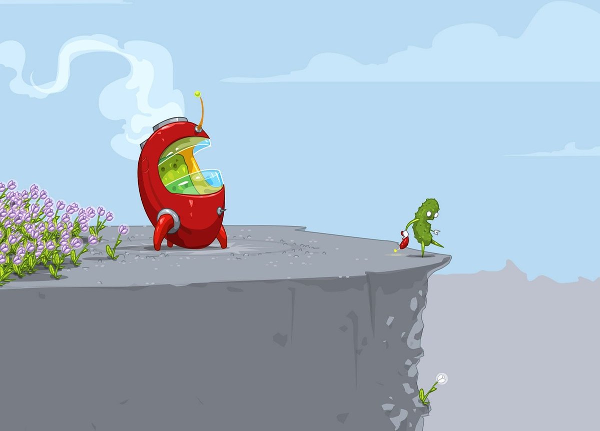 Steaming red pod on a cliff edge while a small pickle character walks toward the drop carrying something red.