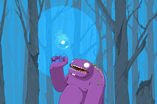 A stylized illustration of a purple monster with green spots standing in a blue-toned forest, reaching toward a glowing bubble in the air.
