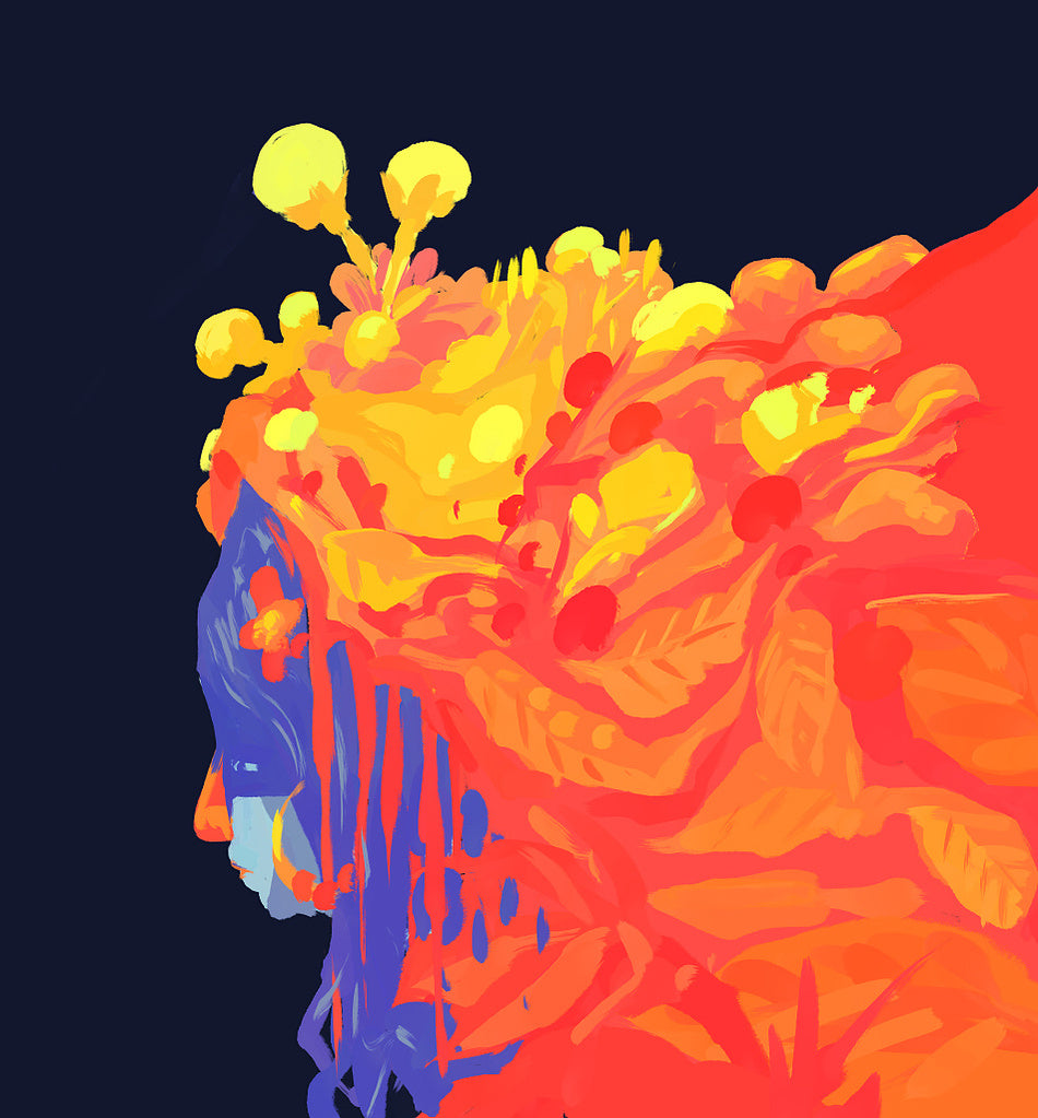 Vibrant abstract digital art print featuring a stylized profile of a face with bright yellow, orange, and red paint-like textures against a dark navy background.
