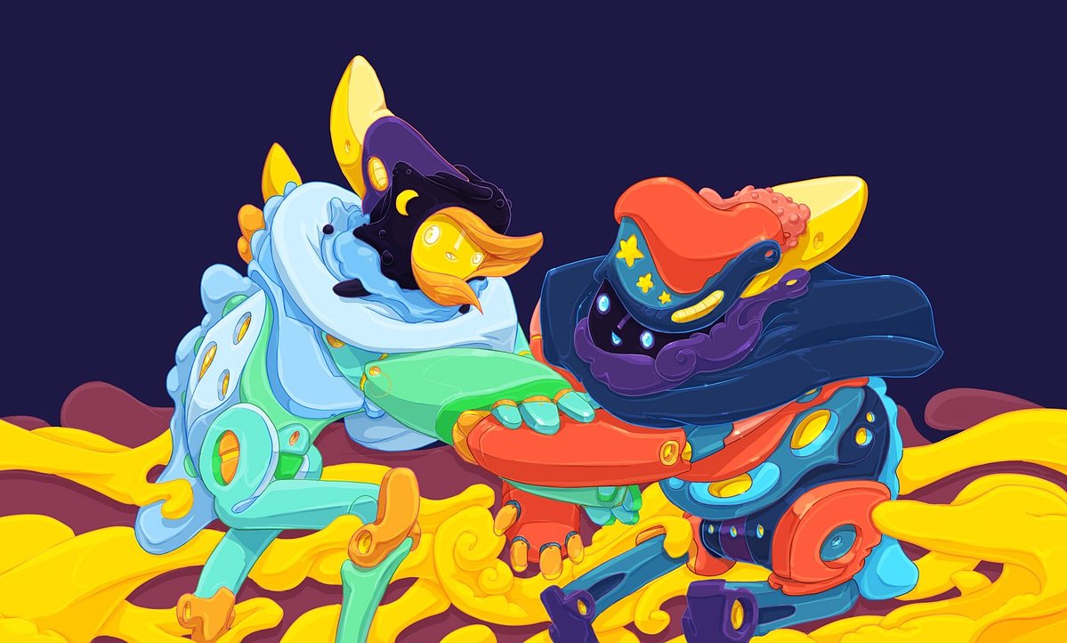 Two bulky creatures, one with a crescent-moon horn and one covered in stars, locking hands above a sea of swirling gold.