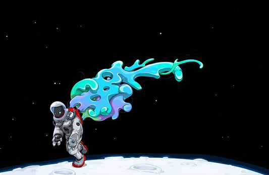 A stylized illustration of an astronaut standing on a moon-like surface against a black starry space background, with a large colorful abstract cloud or smoke shape in blue, teal, green, and purple behind them.