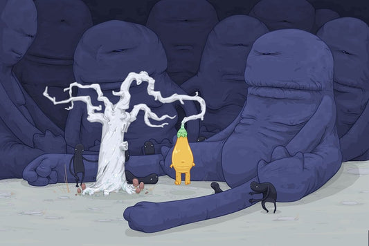 A stylized illustrated scene showing a large group of dark blue-purple humanoid figures surrounding a small yellow character with a green top and a white twisted tree in the center, set against a pale gray ground.