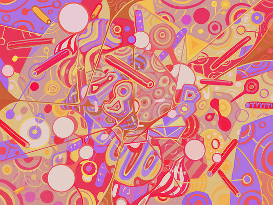A vibrant abstract art print featuring a retro 1970s style design with circles, wavy lines, and geometric shapes in pink, red, purple, yellow, and orange.
