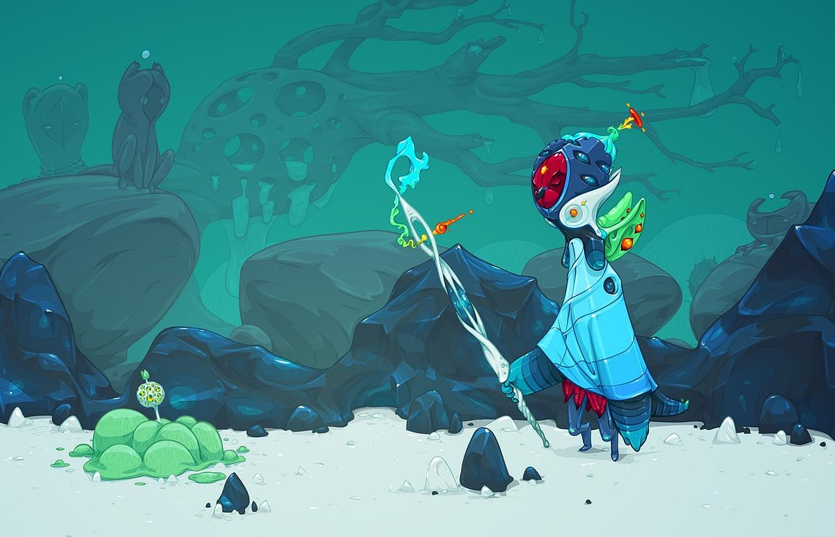 Robed wanderer with an insect-like mask and a glowing staff on pale sand, watched by a small green creature in a teal haze.