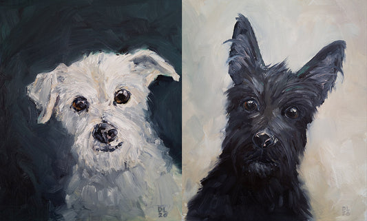 Oil portraits of two terriers side by side: a scruffy white dog with one floppy ear and a black dog with pointed ears.