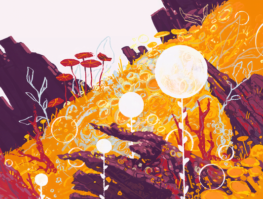 Vibrant fantasy landscape illustration featuring glowing white mushroom-like forms, orange and yellow foliage, and dark purple rocky terrain under a pale sky.