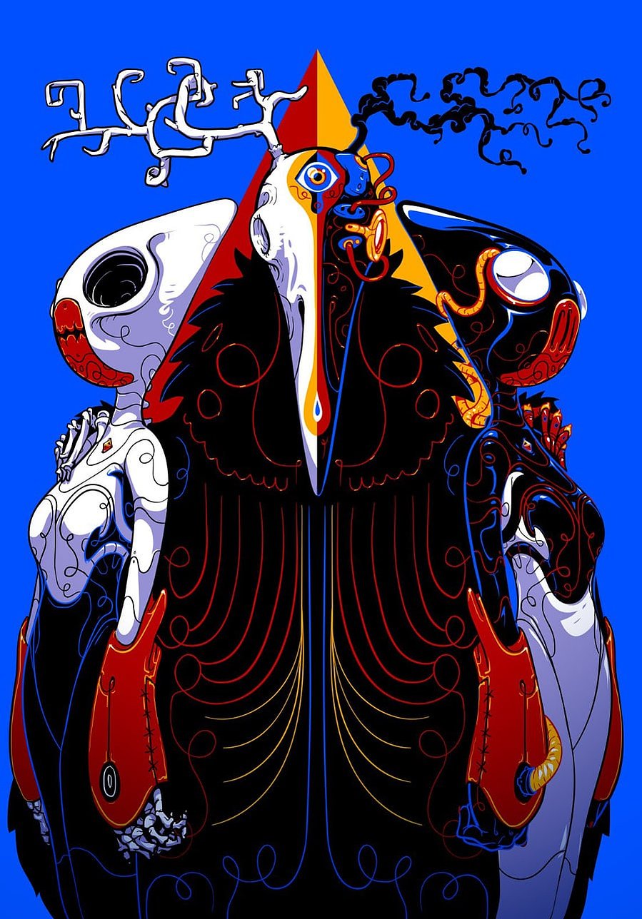 A stylized surreal illustration of a large black bird-like figure with red, orange, white, and blue linework, set against a vivid blue background. The artwork includes skull-like white forms, swirling decorative lines, and abstract black smoke-like shapes.