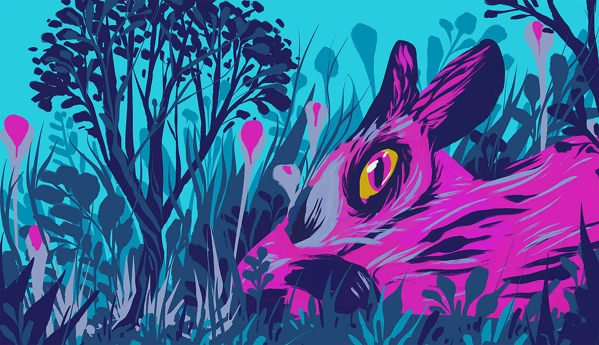 A stylized pop-art illustration of a rabbit's head in bright pink and purple tones, surrounded by dark blue and teal foliage against a turquoise background.