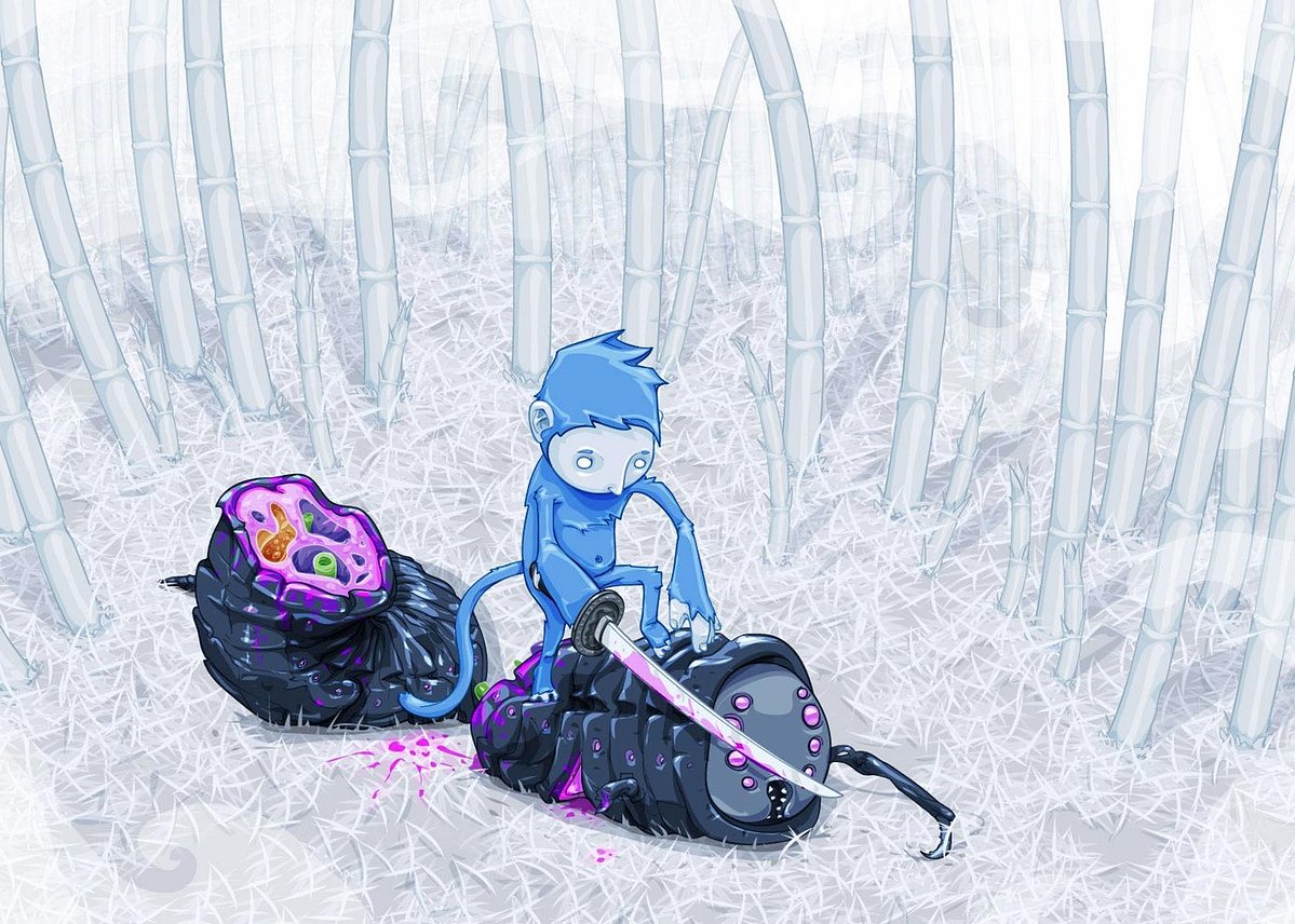 A stylized digital illustration of a small blue monkey sitting on a black circular platform in a white bamboo forest, holding a glowing pink sword. A purple and black creature lies beside the monkey with colorful gem-like details.
