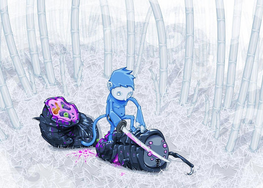A stylized digital illustration of a small blue monkey sitting on a black circular platform in a white bamboo forest, holding a glowing pink sword. A purple and black creature lies beside the monkey with colorful gem-like details.