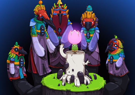 A stylized fantasy illustration showing a group of bird-like characters in colorful robes gathered around a small glowing pink lotus on a tree stump, set against a dark blue background.