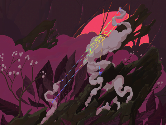 Pale smoke curling up through dark leaves in front of a large red moon, threaded with fine colored lines like a web.