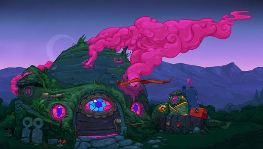 A colorful fantasy illustration of a mushroom-shaped house with glowing pink windows and a large pink cloud-like smoke billowing from the roof, set against purple mountains at dusk.