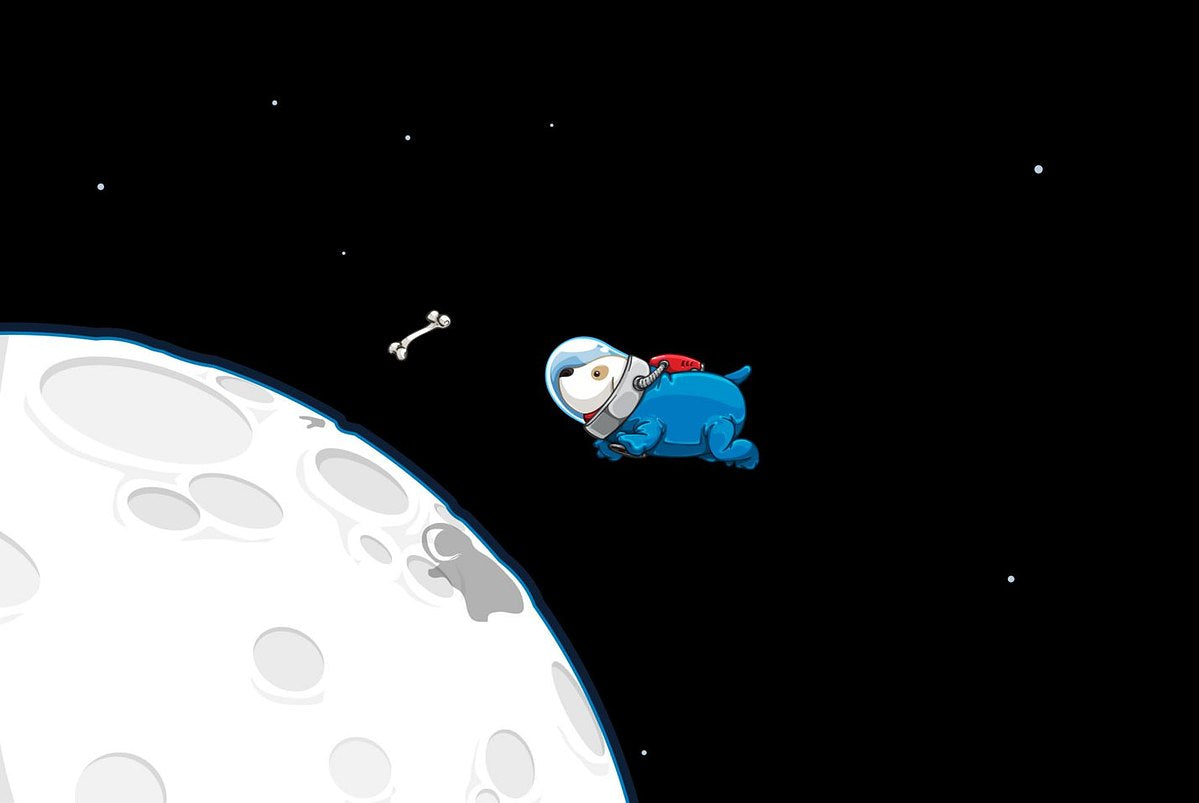 Small white dog in a blue spacesuit, bubble helmet and red jetpack flying past the moon toward a floating bone.
