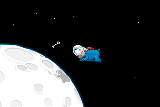 Small white dog in a blue spacesuit, bubble helmet and red jetpack flying past the moon toward a floating bone.