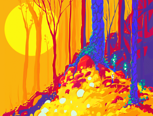 A vibrant, stylized forest landscape artwork featuring tall tree silhouettes, a large yellow sun, and a bright yellow-orange ground with bold blue and magenta accents.